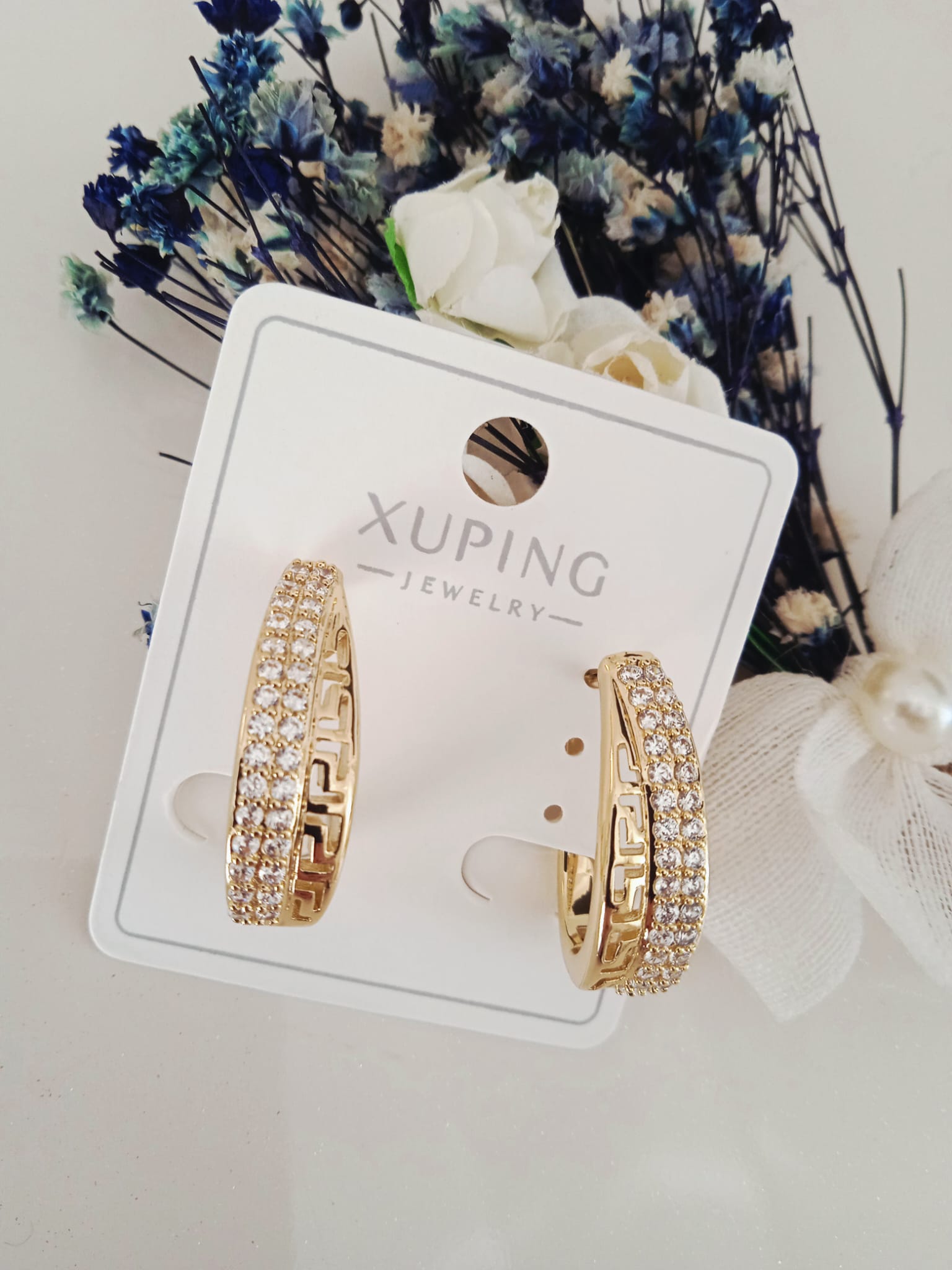 XUPING Küpe - Yarım Halka İç İçe Geçmeli ve Taş Detaylı